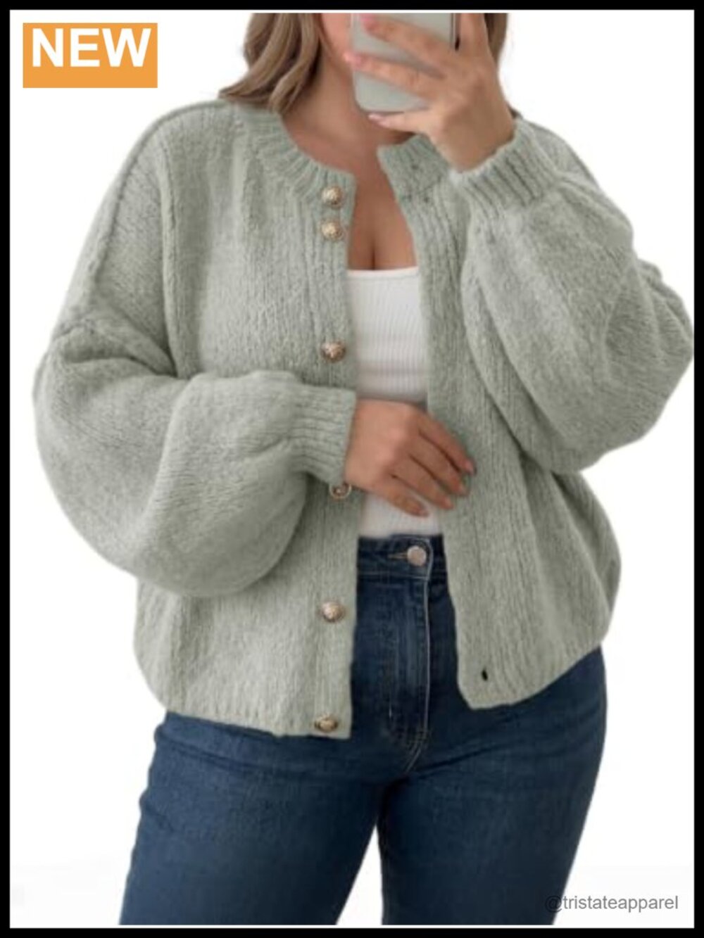 Women's Plus Size Button Up Cardigan - Long Lantern Sleeve Chunk Knit Gray